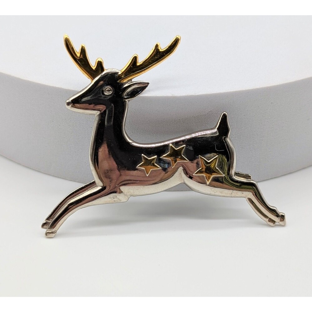 Hallmark Silver & Gold Tone Reindeer Brooch Pin Christmas Holiday
